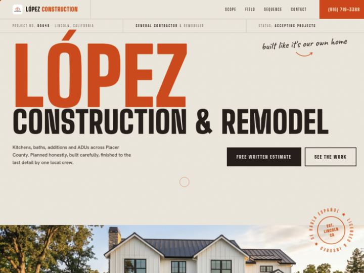 López Construction website homepage, built by SynthCoder